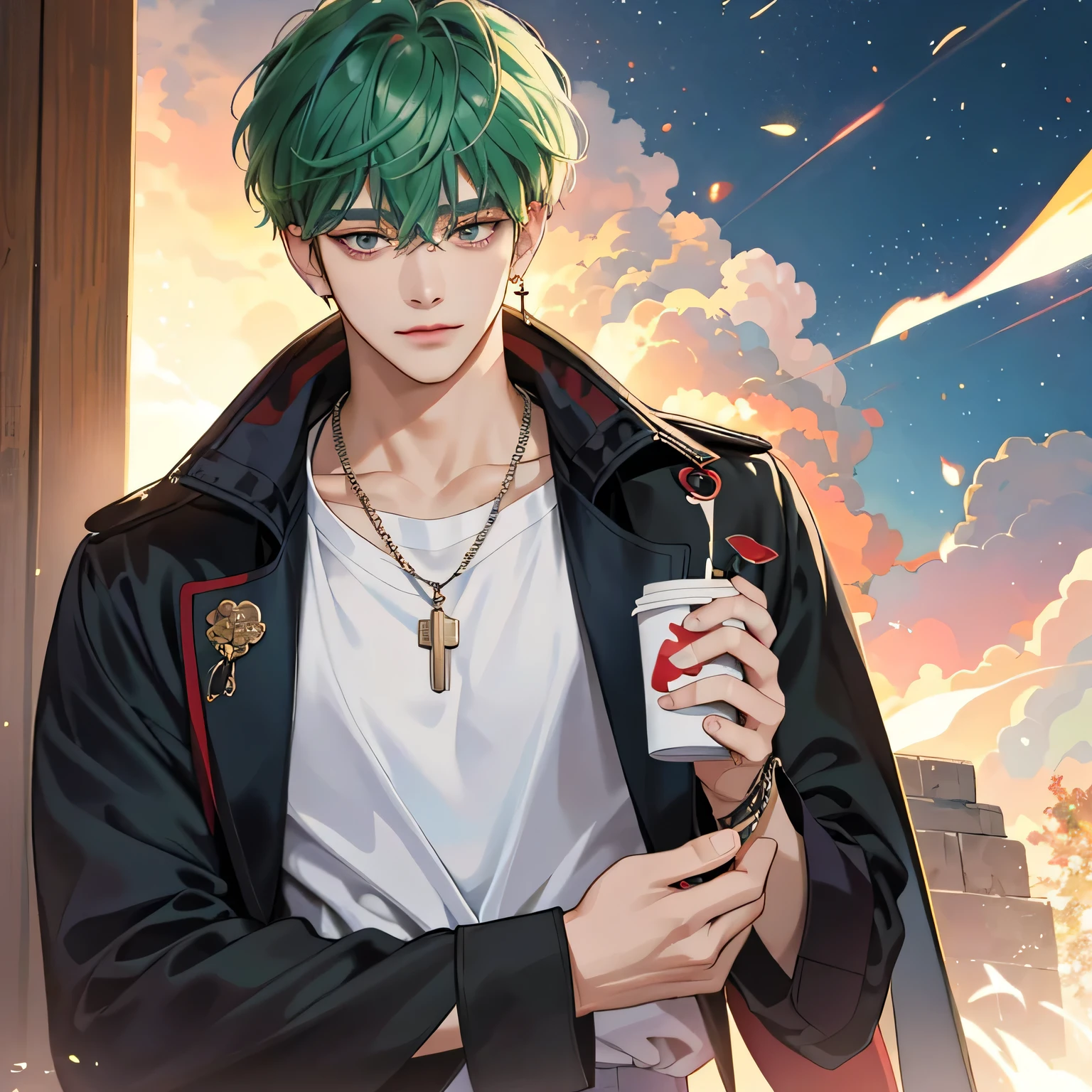 Work in Guviza style, made with anime painter studio., anime realismスタイル, realistic anime style, Drawn by Anime Painter., Inspired by Kim Taehyung, anime style, anime handsome man, Inspired by Kim Taehyung, anime realism、green hair、careless smile、necklace、Multiple piercings on short hair、one man、Inspired by Kim Taehyung、Inspired by Kim Taehyung、grey eyes、Cloak、morning、coffee、one man、Inspired by Kim Taehyung、