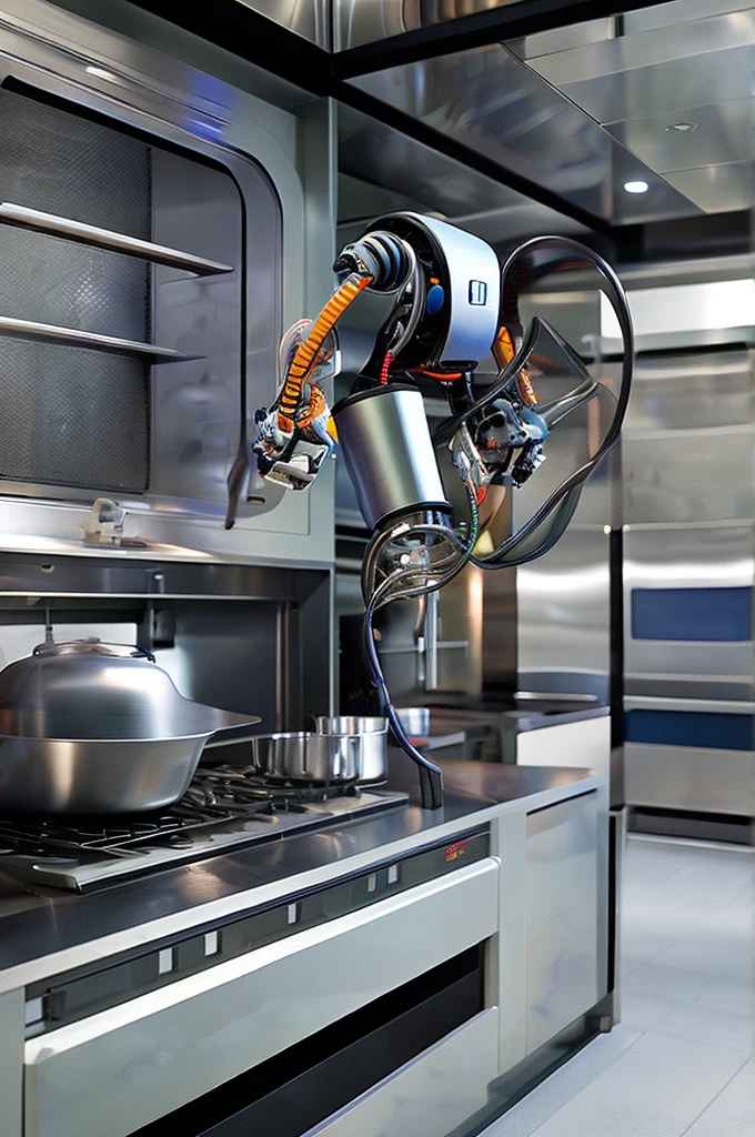 A robot with a chef&#39;s apron and a chef&#39;s hat. He has several kitchen tools built into his arms and is holding a tray of perfect cupcakes..
picture details: Futuristic kitchen with technological appliances. The robot is smiling, with an expression of satisfaction for a job well done.