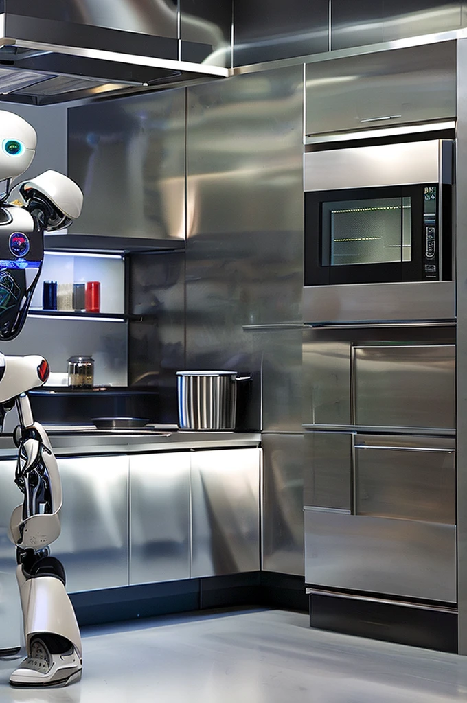 A robot with a chef&#39;s apron and a chef&#39;s hat. He has several kitchen tools built into his arms and is holding a tray of perfect cupcakes..
picture details: Futuristic kitchen with technological appliances. The robot is smiling, with an expression of satisfaction for a job well done.