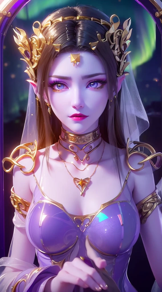1 20 year old girl, 1 goddess Athena, pink purple silk dress, beautiful goddess Athena face without blemishes, delicate yellow nightgown, long thin sequin nightgown with many sexy black lace details, 1 beautiful thin red silk cloth half veil, female saint legend, female saint icon, beautiful goddess style glitter, dark and mysterious version, vermilion lips, plump red lips, not smiling, mouth closed, delicate and beautiful pino detailing, delicate and beautiful lip detail, (pure and flawless face: 1.9), female saint body, round chest, big and round breasts, phoenix brooch, long flat bangs, long black hair, flower stickers tattoo on forehead, beautiful clear face and well-proportioned eyes, (transparent iridescent light purple eyes: 1.8), (big round eyes and makeup, sexy wet eye makeup, very beautiful and meticulous hair makeup, long and delicate blonde hair, delicate, body image: 1.8), figure: and vivid, (stars that make up the sky: 1.7), (the sky of heaven and the fictitious gate of time and space: 1.8), fictional art, RAW photos, hanfu photos, best photos, high resolution, best quality, best photos, best goddess quality, 8k female, super 8 single saint portraits, truest color schemes, masterpieces, best beauty brands, best hair jewelry, brand real photo, dark studio, border light, two-tone lighting, (rose white skin: 1.4), (high skin detail: 1.1), 8k uhd, d slr, soft light, 8k, high quality, candid, volume Smooth and sharp, 10x pixel increase, sexy goddess, sexy goddess, (background space: 1.8), (most beautiful aurora eyes: 1.7), beautiful eyes, aurora beautiful and flowery, (beautiful single girl: 1.8), (more details:0.8),