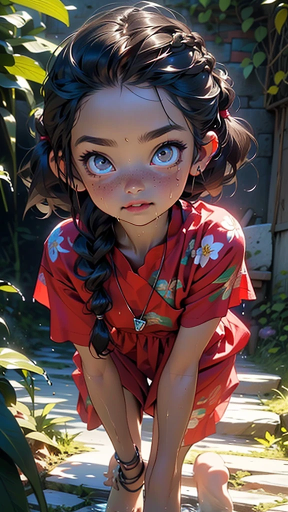 mic  tribal,(((mic ,mic tiny body,,chibi,mic))),(((6 years old))),(((1 son:1.4))),(baby face),(Round face),(mic chest),(big forehead:1.2),(lindos eyeballs grandes:1.3),extremely detaild cute anime face,

(((flat-chested))),((((long twin braids,tight braids,long braid,Braided hair,long hime cut,dark hair,Bblack hair,colored inner hair)))),(((purple_eyeballs:1.3))),intricate eyeballs,lindos eyeballs detalhados,eyeballs simétricos,(big eyeballs:1.5),((((shining skin:1.5,skin tanned,shining skin: 1.5,skin tanned,shining skin,very shining skin,shinny body,Reflective skin)))),(((face detailed))),beautiful detailed lips,

(cute,kawaii,(nsfw)),🦄,🌈,

long loincloth,(へそ),Shaman tribal clothing,tribal tanga,(tribal clothing,ancient egypt style),へそ,barefoot,bare arms,へそ exposto,necklase,(tribal clothing),((Red clothing,wetclothes,complex outfit)),

dynamic pose,gazing at viewer,embarrased,centred,scale to fit dimensions,rule of thirds,

((exploring a dark cave with, wet stone walls. Jewels embedded in the walls emit a soft glow that illuminates the scene. Green moss and climbing ivy grow in the dampest areas of the cave)),scenario,extremely scenario,

(Bright Egyptian ornaments),high resolution,sharp focus,(ultra detaild,extremely detaild),(photorealistic art:1.37),(extremely detaild CG unity 8k wallpaper),(((swirly vibrant colors,vibrant theme))),(intricate),(work of art),(best qualityer),artistic photography,(photograph taken by sldr),(fundo intricate),perfect rendered face,perfect face details,lifelike face,photo realist,analog style,((intricate detail)),(((真实感))),

