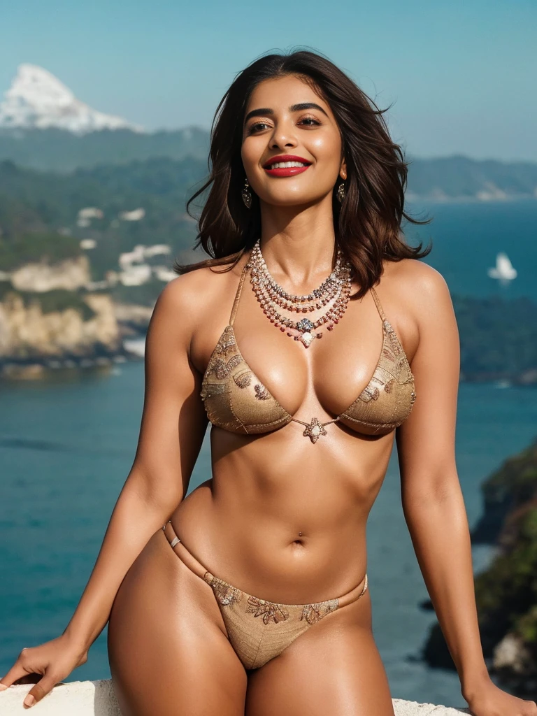 photo of semi naked Pooja hegde,(( erotic sexy pose, transparent bikini, curly hair, dark skin, extremely sexualized pose , on beach , sexy ) tall, fleshy, lean eyebrow, pooja hegde,pooja1, detailed background, (insanely detailed skin texture , correct fingers , depth of field, correct anatomy ,correct hands )