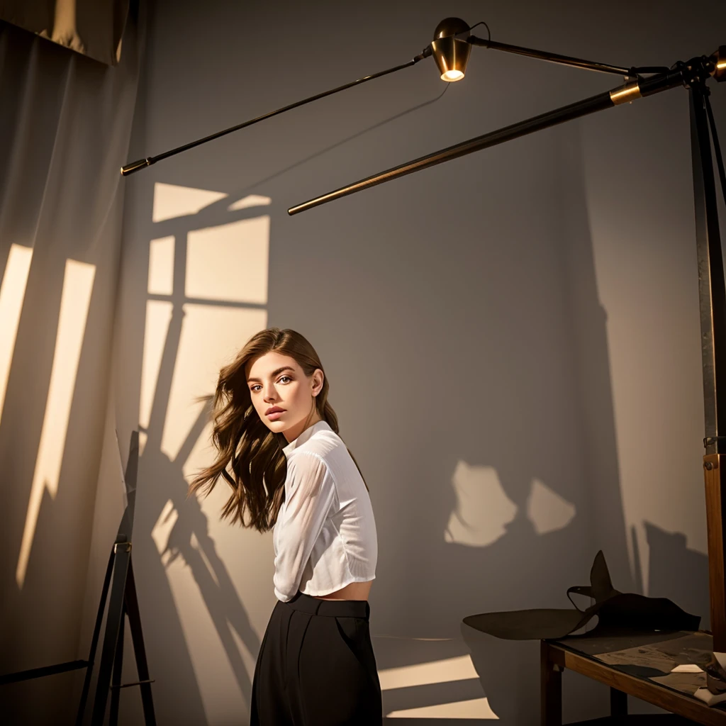 Create a highly realistic image of a 19-year-old virtual influencer named Lila Harper. She is young, with a symmetrical face, harmonious features, large expressive eyes, flawless and glowing skin, and long wavy light brown hair with golden highlights. Lila has a well-proportioned, attractive body. She is posing artistically in a creative studio setting with interesting lighting and props. Lila is wearing a stylish, modern outfit that combines elegance and edge, such as a chic, fitted blouse paired with high-waisted trousers and statement accessories. The studio features soft, ambient lighting that casts intriguing shadows, with props like abstract sculptures, vintage furniture, and artistic backdrops to enhance the visual appeal. Lila is posing confidently, with a thoughtful expression, showcasing both her beauty and the artistic atmosphere of the setting.

