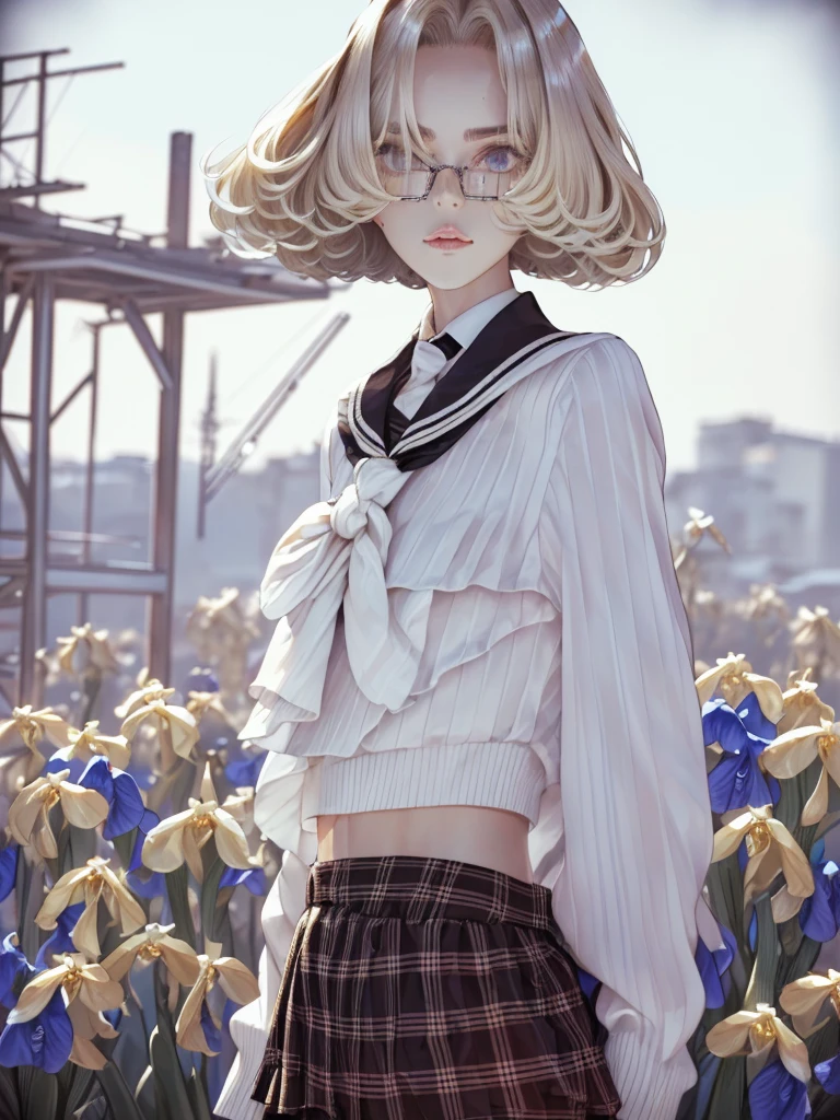 1girl, elegant bearing, small, slender build, short height, pale skin dotted by light freckles, short and straight platinum blonde hair, (((layered hair))), (((jagged hair))), (((close-cropped hair))), (((hazel irises))), silver glasses, cute facial features with an underlying elegance, thin lips, small breasts,  female, RAW photo, ((slim body: 1)), from behind, (HQ skin: 1.4), 8k uhd, dslr, soft light, high quality, film grain, Fujifilm XT3, ((school uniform, white clothes, gold accents, ((Layered short Haircut)), (looking at viewer:1.4)
