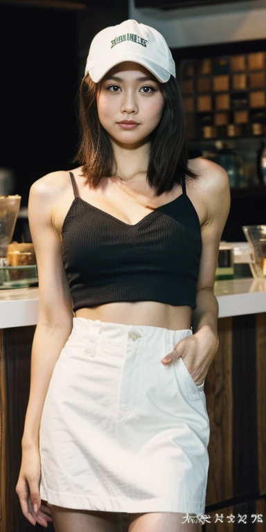 summer,hot,Lazy afternoon,Full body portrait,original photo,Sexy girl working at the counter at Starbucks,Beautiful face,(((Full body portrait、Full body female love:1.1))),Baseball cap,Barista overalls,Barista Apron,Short skirt,Rim Light, clavicle, Pretty Face,tattoos on the arms,((Small cleavage)),belly button, Thin waist and wide hips,(((Long legs))),Idol, Depth of Field, tilt, reflective,lifelike, Ultra-high resolution, high quality,Soft Light,best quality,masterpiece,8K,Super real,(Film Grain, Chromatic Aberration, Clear focus, in the darkness, Deep Shadows, Low profile, Cold Light, Sexy look). Portrait Style, Premium Business Class