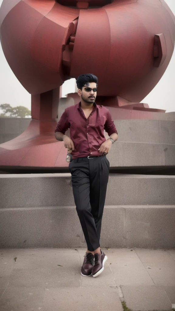 there is a man standing on a sidewalk in front of a large sculpture, candid picture, very artistic pose, full body photogenic shot, taken with sony alpha 9, with accurate face, with a cool pose, candid photo, stylish pose, full body photgraph, jayison devadas style, inspired by Saurabh Jethani, shot on nikon z9 maroon shirt