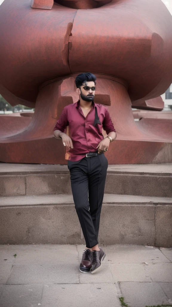 there is a man standing on a sidewalk in front of a large sculpture, candid picture, very artistic pose, full body photogenic shot, taken with sony alpha 9, with accurate face, with a cool pose, candid photo, stylish pose, full body photgraph, jayison devadas style, inspired by Saurabh Jethani, shot on nikon z9 maroon shirt