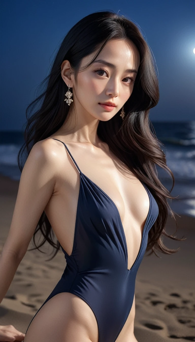 4K resolution, 8K resolution, beautiful, Highest quality, Absolutely wonderful, Very detailed, Ultra-high resolution, masterpiece, RAW Photos, Realistic, Depth of written boundary, Cinematic Light, Anatomically correct body, 
An elegant 40-year-old woman, 
Long black hair, 非常にbeautiful顔, Exquisitely detailed face, Glamorous Body, 
Transparent white skin, Very detailedな肌, Ample breasts, Shapely ass, Firm thighs, 
High leg swimsuit, Detailed cloth texture, Simple Earrings,  
Night sky background, Dark sandy beach at night, 