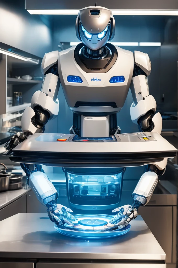A robot with a chef's apron and a chef's hat. He has several kitchen tools built into his arms and is holding a tray of perfect cupcakes..
picture details: Futuristic kitchen with technological appliances. The robot is smiling, with an expression of satisfaction for a job well done.