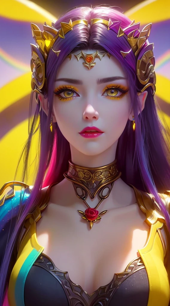 1 20 year old girl, 1 goddess Athena, pink purple silk dress, beautiful goddess Athena face without blemishes, delicate yellow nightgown, long thin sequin nightgown with many sexy black lace details, 1 beautiful thin red silk cloth half veil, female saint legend, female saint icon, beautiful goddess style glitter, dark and mysterious version, vermilion lips, plump red lips, not smiling, mouth closed, delicate and beautiful pino detailing, delicate and beautiful lip detail, , (pure and flawless face: 1.9), female saint body, round chest, big and round breasts, phoenix brooch, long flat bangs, (7-color rainbow hair: 1.9), flower stickers tattoo on forehead, beautiful clear face and well-proportioned eyes, (transparent yellow eyes: 1.8), (big round eyes and makeup, sexy wet eye makeup, very beautiful and meticulous hair makeup, long and delicate blonde hair, delicate, body image: 1.8), figure: and vivid, (stars that make up the sky: 1.7), (the sky of heaven and the fictitious gate of time and space: 1.8), fictional art, RAW photos, hanfu photos, best photos, high resolution, best quality, best photos, best goddess quality, 8k female, super 8 single saint portraits, truest color schemes, masterpieces, best beauty brands, best hair jewelry, brand real photo, dark studio, border light, two-tone lighting, (rose white skin: 1.4), (high skin detail: 1.1), 8k uhd, d slr, soft light, 8k, high quality, candid, volume Smooth and sharp, 10x pixel increase, sexy goddess, sexy goddess, (background space: 1.8), (most beautiful aurora eyes: 1.7), beautiful eyes, aurora beautiful and flowery, (beautiful single girl: 1.8), (more details:0.8),