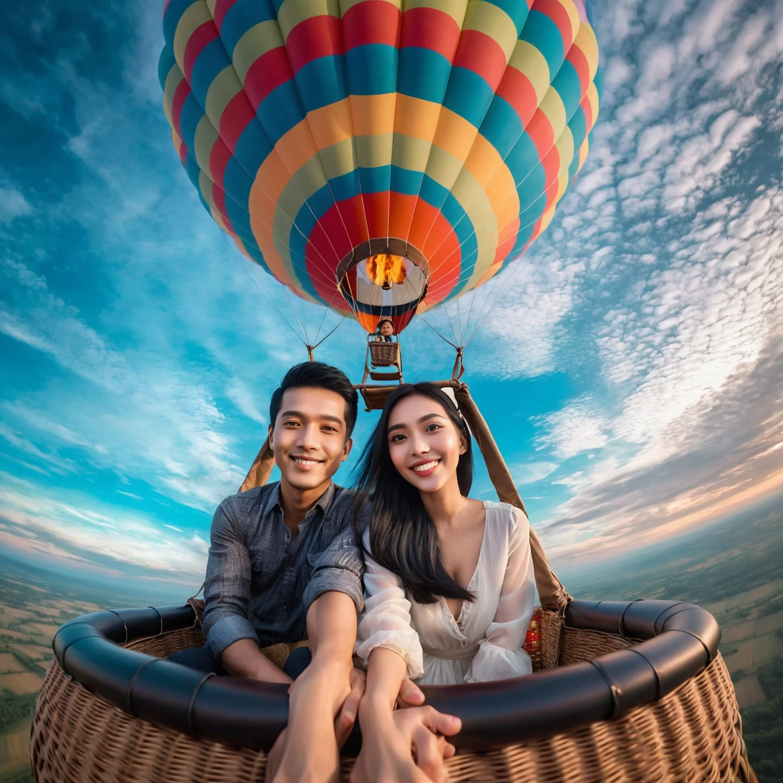 romantic Indonesian couple; man with short black hair; woman with long straight black hair, sitting in a basket with a hot air balloon, colorful hot air ballon, hanging from a hot air balloon, as an air balloon, flying towards the camera, stunning surrealist sky, depictation landscape, they are smilling, happy, romantic pose, taken on go pro hero8, flying in the air, hot air balloons, up, facing the camera, photorealistic, 1536px, high quality.