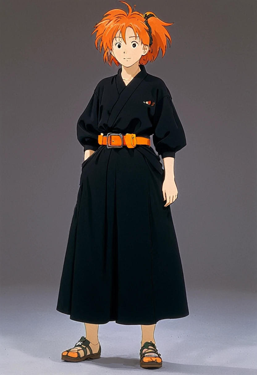 A Ghibli's studio character. With messy orange hair and dark large clothes. Her belt is large and her hearings are big bones