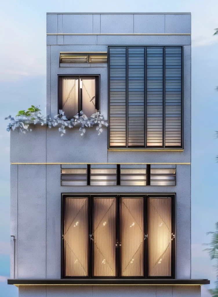 HOUSE FACADE design, Super sharp like a photo taken with a professional camera, (Masterpiece, best quality, 8k uhd, dslr, soft light, high quality, super detailed, film grain, Fujifilm XT3, UE 5 render 8k, super high resolution, super detail :1.2), color block wall decoration, abstract poster decoration, glossy floor, (((volumetric lamp)))