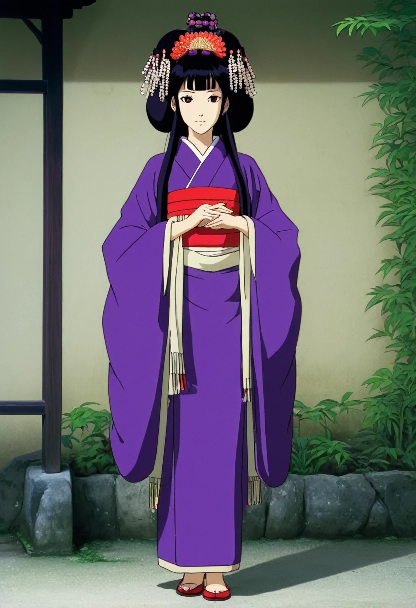 A Ghibli's studio character (2D). She have long black hair . She wears traditional oiran clothes purple and red. She is cold