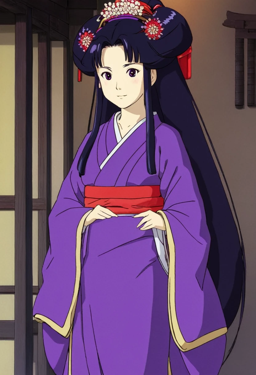 A Ghibli's studio character (2D). She have long black hair . She wears traditional oiran clothes purple and red. She is cold