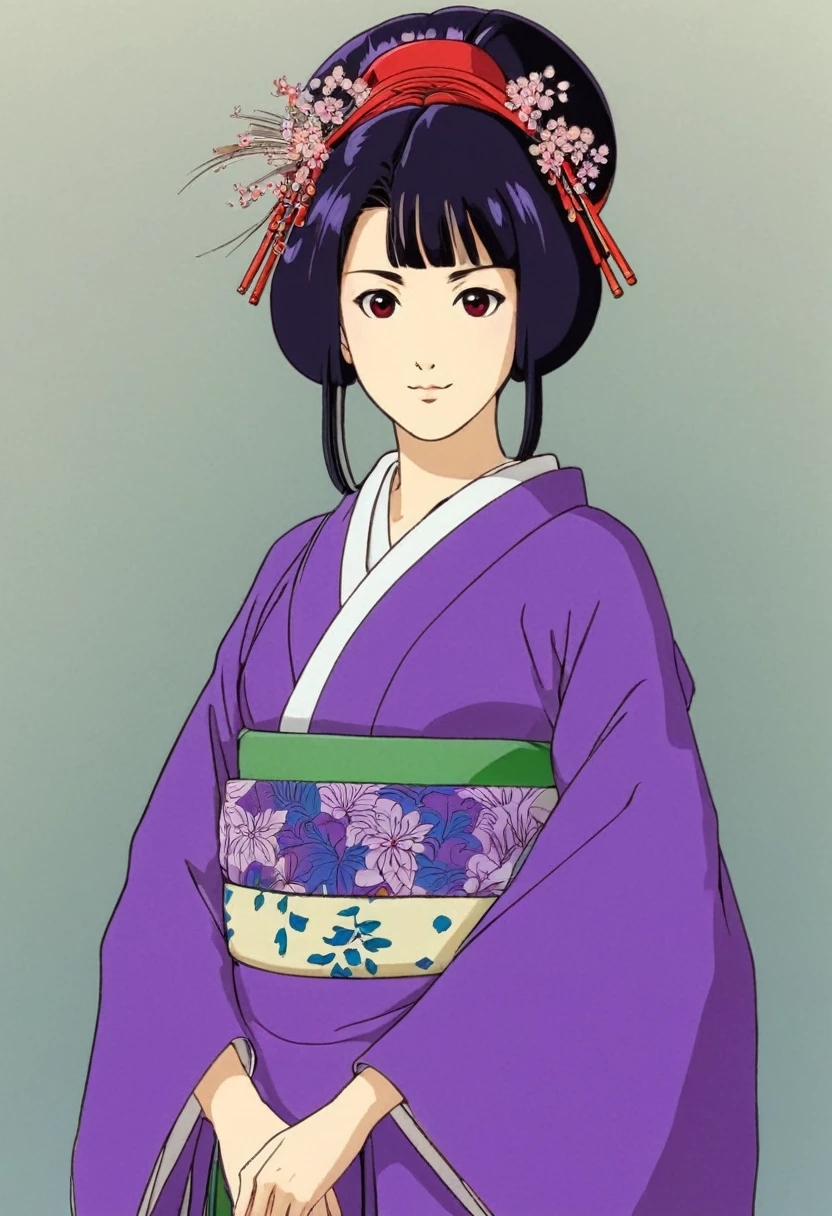 A Ghibli's studio character (2D). She have long black hair . She wears traditional oiran clothes purple and red. She is cold