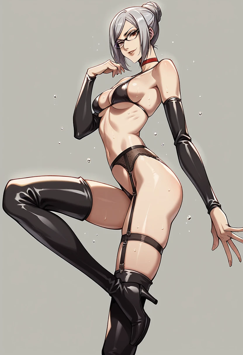 (masterpiece, top quality, best quality, official art, beautiful and aesthetic:1.2), (1girl shiraki meiko:1.3), fair skin, extremely detailed, looking at viewer, solo, (torso), sweat droplets on body, simple background, choker, glasses, hair bun, prison school, smirk, mysterious, thigh-high boots, long boots, garters, ((((slim sexy body, medium breasts)))), slim waist, long legs, dutch angle,