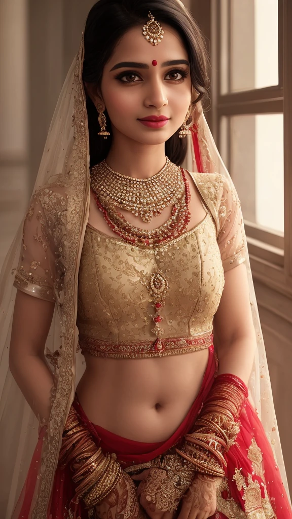 • Subject: A 20-year-old Indian bride.
• Expression: Shy and slightly nervous, with a hint of a smile peeking through.
• Lighting: Soft, natural light coming from a window to one side of the frame.
• Makeup: Traditional Indian bridal makeup with a focus on bold eyeliner and shimmering eyeshadow. A dusting of gold highlighter emphasizes her high cheekbones. Fresh lipstick in a deep red completes the look.
• Hair: Ornate bridal hairstyle with jasmine flowers woven in.• Clothing: Heavily embroidered red lehenga (bridal skirt) with gold jewelry adorning her arms and neck. The focus, however, should be on her upper body and face.
• Details: Golden turmeric paste stains the bride's cheeks in intricate designs, contrasting beautifully with the red of her lehenga. A single tear rolls down her cheek, catching the light.Mood:
A beautiful and intimate portrait that captures the bride's mixed emotions on her wedding day. The shy smile and tear convey a nervous excitement, a bittersweet mix of leaving behind her childhood and embarking on a new chapter.