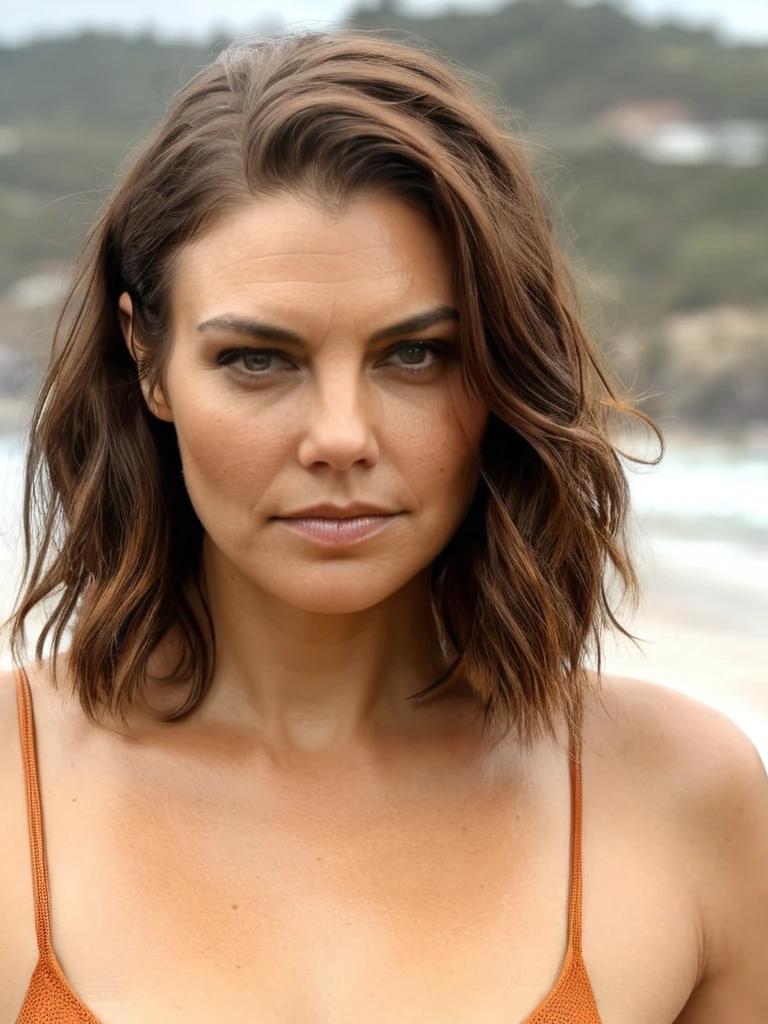 high quality Erotic shot , ( lauren_cohan , oily skin, sensual detailed ultra realistic skin texture , bikini model, standing on extremely erotic style , show her extremely sexy body, orang color stylish bikini ) celebrity erotic photograph , nude model , erotically posing, extremely long hair ,tall figure , erotic photoshoot , fit muscular figure , exhausted look, warm, sunny, shiny sweaty skin, on beach, wet hair, celebrity, female, woman, hollywood actress, fleshy muscular woman , ( natural lights, depth of field, ultra detailed face insanely detailed skin texture, hyper detailed features )