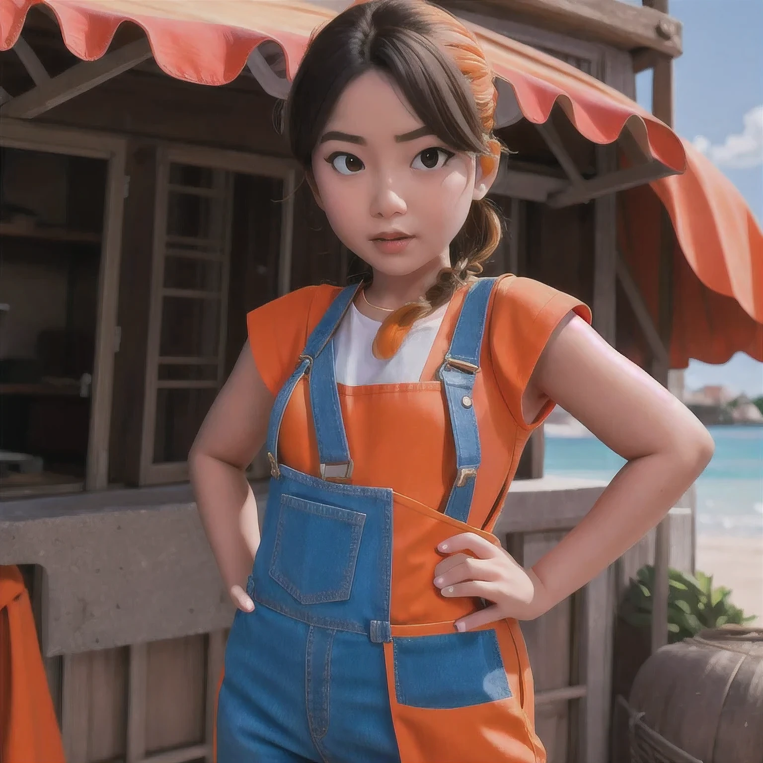 arafed girl standing on a beach with an orange overall, orange jumpsuit, overalls, wearing an orange jumpsuit, official product image, wearing overalls, orange halter top, artist wearing overalls, wearing an orange t-shirt, wearing orange sundress, wearing orange prison jumpsuit, neck zoomed in, wearing an orange t shirt, cute girl wearing tank suit