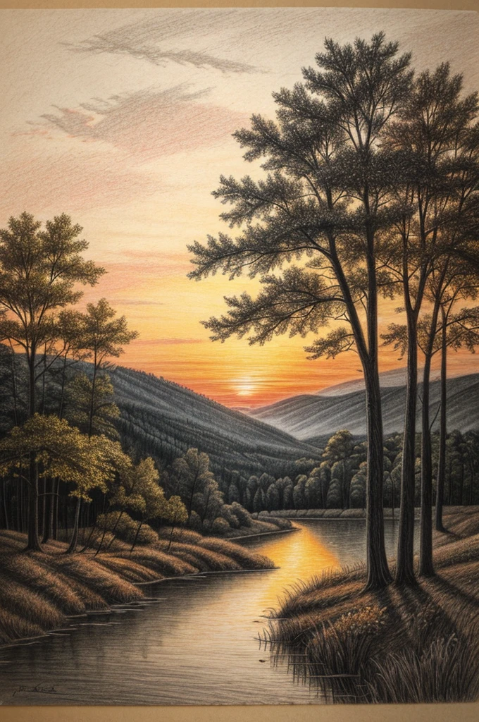 Pencil drawing of a landscape of the forest and the sunset
