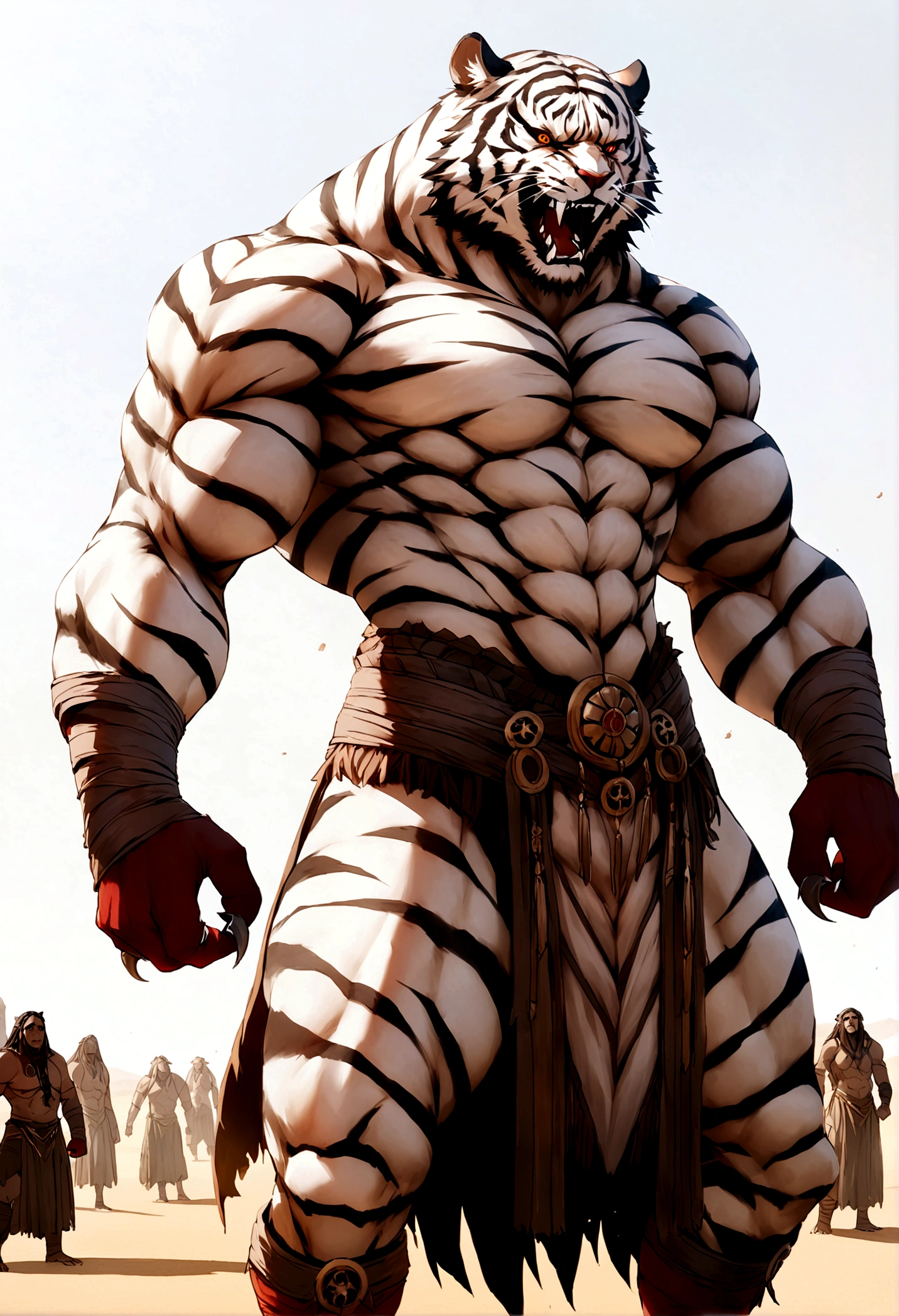a massive, muscular tiger-like creature standing in a desert landscape. The creature has a fierce, snarling expression on its face, with bared fangs and intense eyes. Its body is covered in thick, striped fur, and its limbs appear incredibly powerful and defined. The creature is wearing what appears to be some kind of tribal or ceremonial garb, with wrappings and adornments around its arms and legs. In the background, there are figures of what seem to be human-like creatures, suggesting this is a fantastical or mythological scene. The overall impression is one of raw, primal power and ferocity.