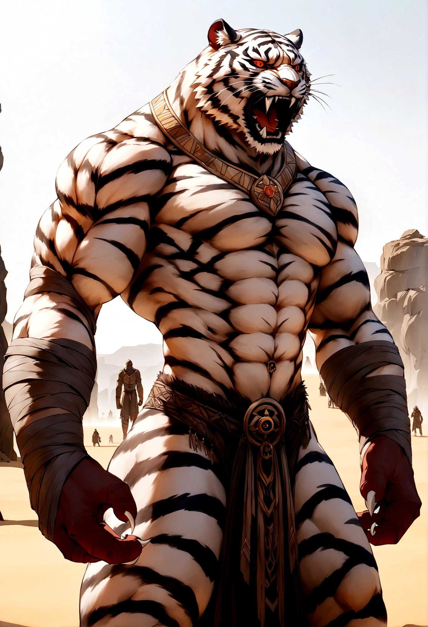 a massive, muscular tiger-like creature standing in a desert landscape. The creature has a fierce, snarling expression on its face, with bared fangs and intense eyes. Its body is covered in thick, striped fur, and its limbs appear incredibly powerful and defined. The creature is wearing what appears to be some kind of tribal or ceremonial garb, with wrappings and adornments around its arms and legs. In the background, there are figures of what seem to be human-like creatures, suggesting this is a fantastical or mythological scene. The overall impression is one of raw, primal power and ferocity.