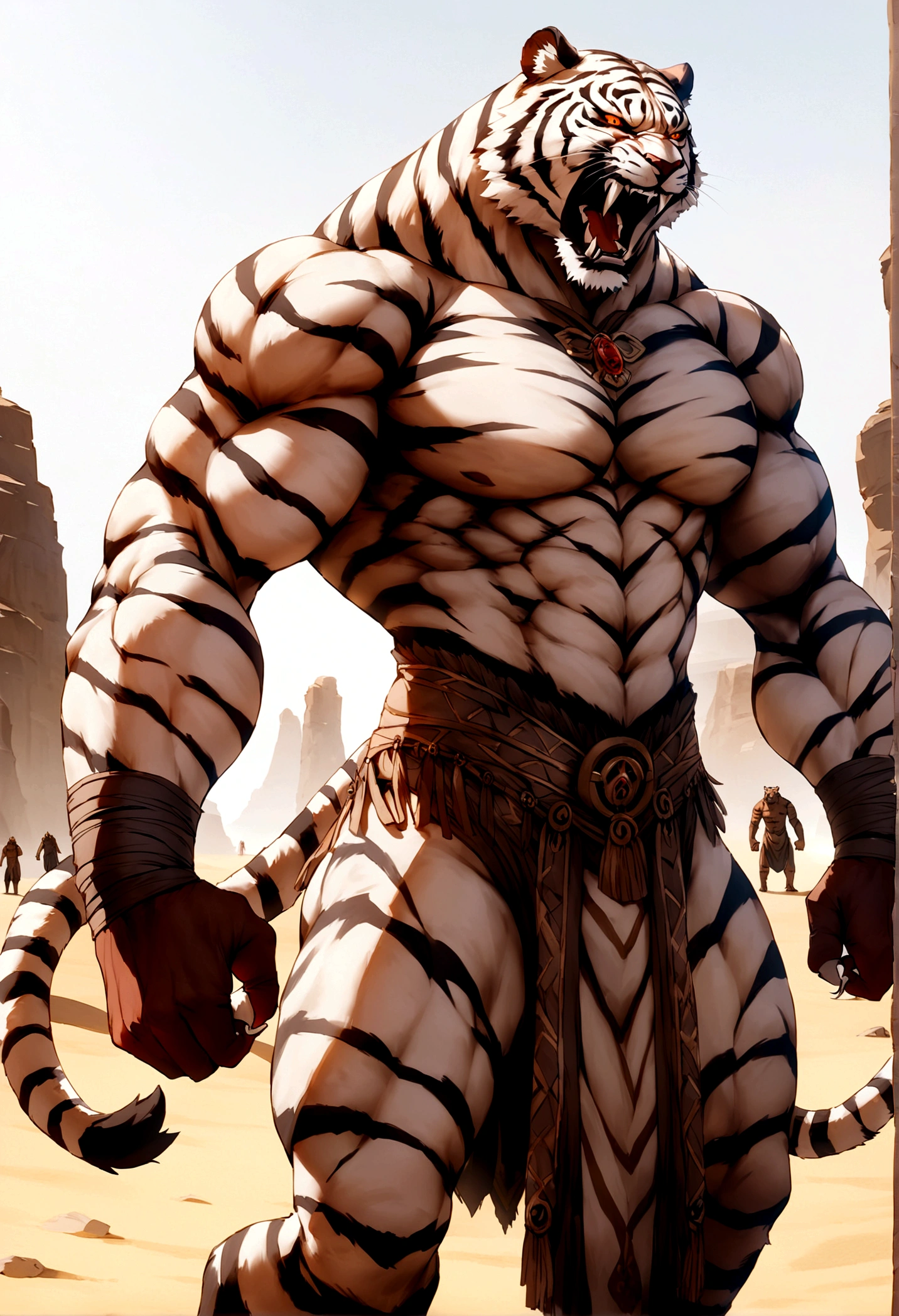 a massive, muscular tiger-like creature standing in a desert landscape. The creature has a fierce, snarling expression on its face, with bared fangs and intense eyes. Its body is covered in thick, striped fur, and its limbs appear incredibly powerful and defined. The creature is wearing what appears to be some kind of tribal or ceremonial garb, with wrappings and adornments around its arms and legs. In the background, there are figures of what seem to be human-like creatures, suggesting this is a fantastical or mythological scene. The overall impression is one of raw, primal power and ferocity.
