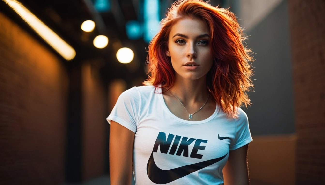 ((stunning photo of very cute girl, young, slim body, supermodel like face, medium breasts, tan, sweaty skin, one side swept hair, "NIKE" tshirt, edgy punk cyberpunk style girl, from below, amazing female body shape, long red hair, street, bokeh, wet, film grain, dark lighting, dramatic hard shadows, cinematic reflections)), explosive, material contrast, hyper-detailed, 8k, intricate, hyper detailed elegant, ((subsurface scattering, raytracing, realistic, photorealistic, hyperreality, dslr quality)), professionally graded colors, moody colors, dynamic pose, dynamic view
