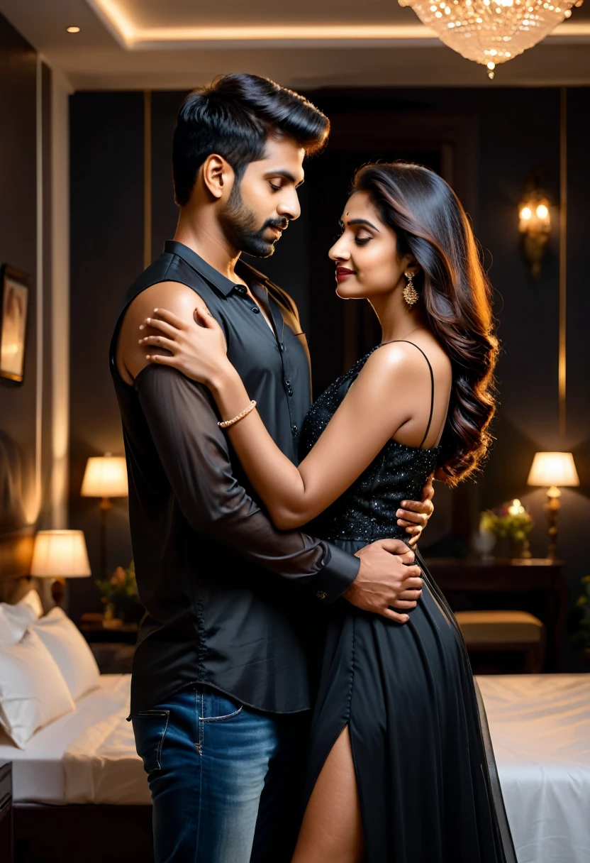 ndian boyfriend girlfriend in a romantic pose, girlfriend is wearing a sleeveless gown, boyfriend wearing black full sleeve shirt, romantic night room ambience, cinematic, 8k resolution