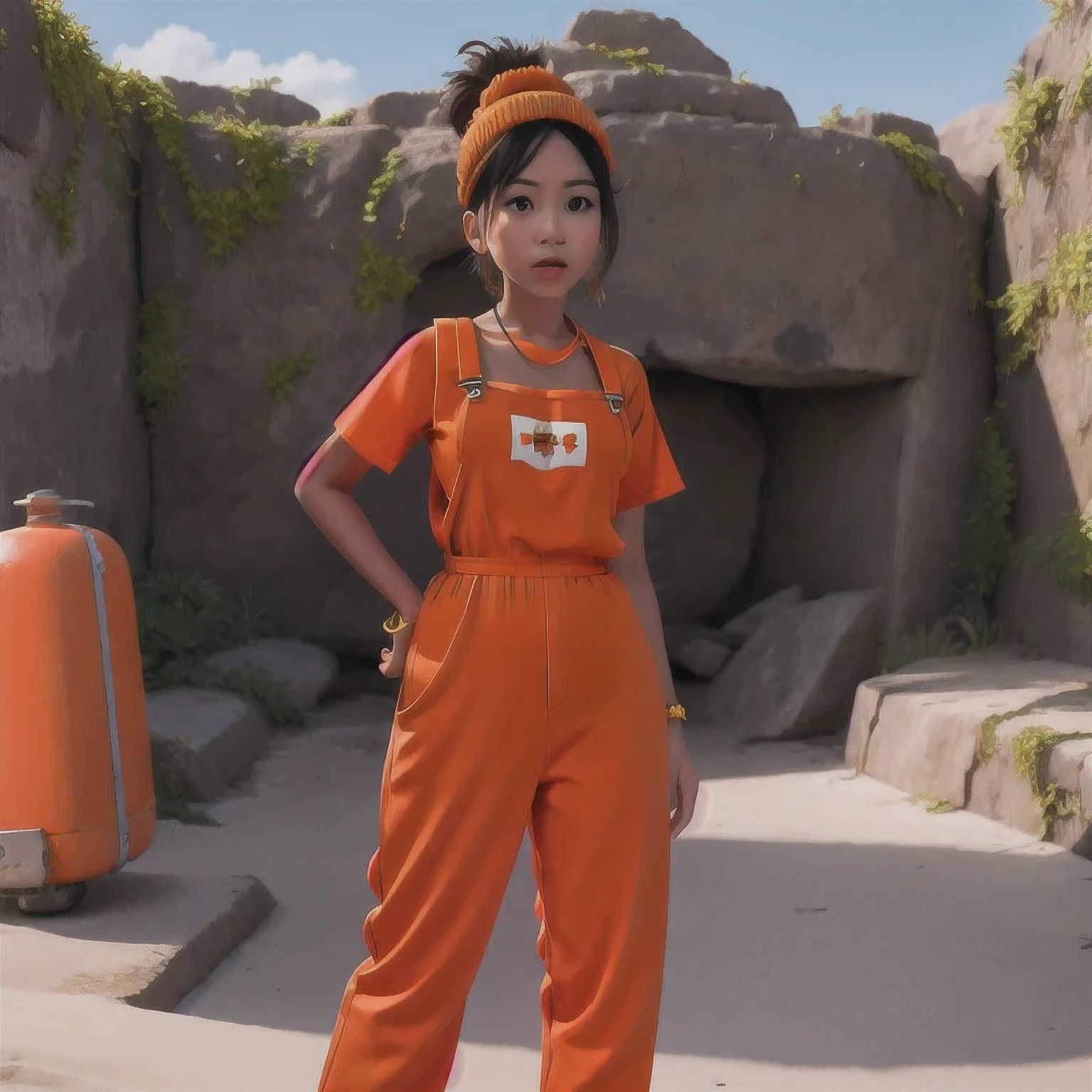 arafed girl standing on a beach with an orange overall, orange jumpsuit, overalls, wearing an orange jumpsuit, official product image, wearing overalls, orange halter top, artist wearing overalls, wearing an orange t-shirt, wearing orange sundress, wearing orange prison jumpsuit, neck zoomed in, wearing an orange t shirt, cute girl wearing tank suit