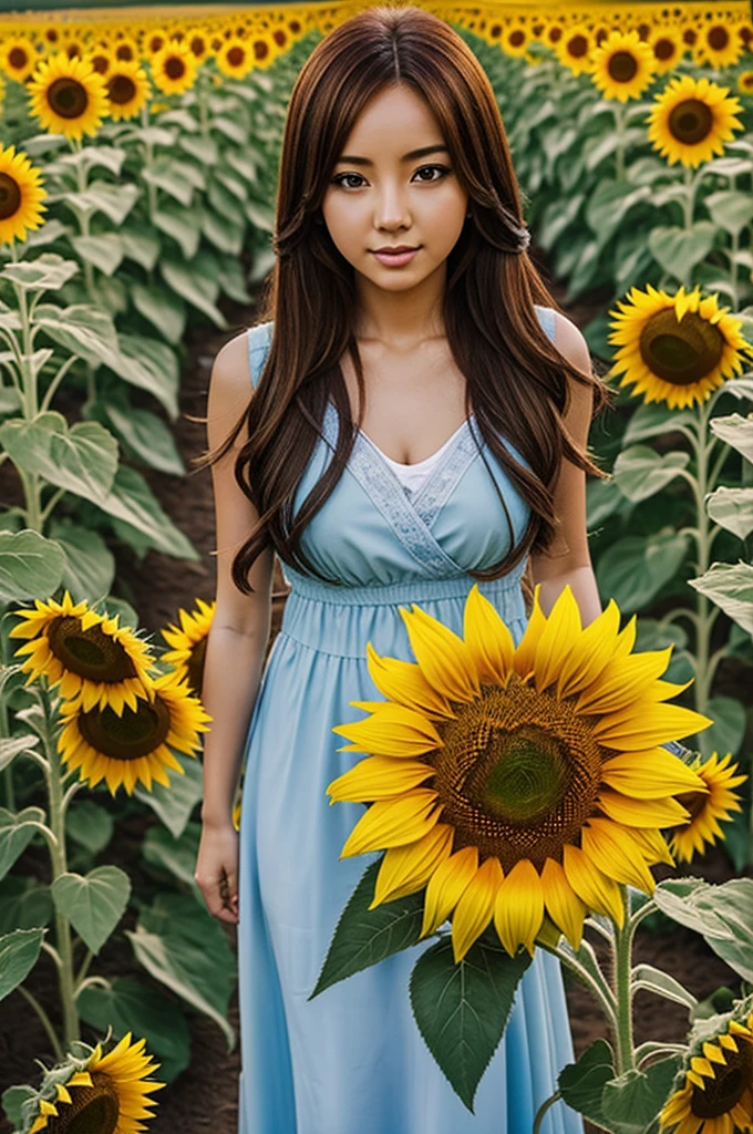 Anime woman in sunflower field