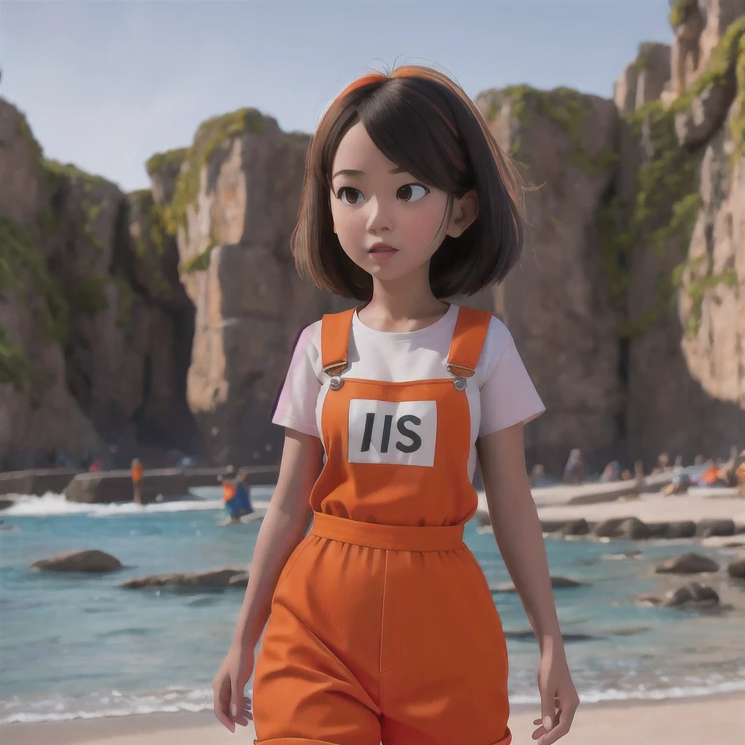 arafed girl standing on a beach with an orange overall, orange jumpsuit, overalls, wearing an orange jumpsuit, official product image, wearing overalls, orange halter top, artist wearing overalls, wearing an orange t-shirt, wearing orange sundress, wearing orange prison jumpsuit, neck zoomed in, wearing an orange t shirt, cute girl wearing tank suit