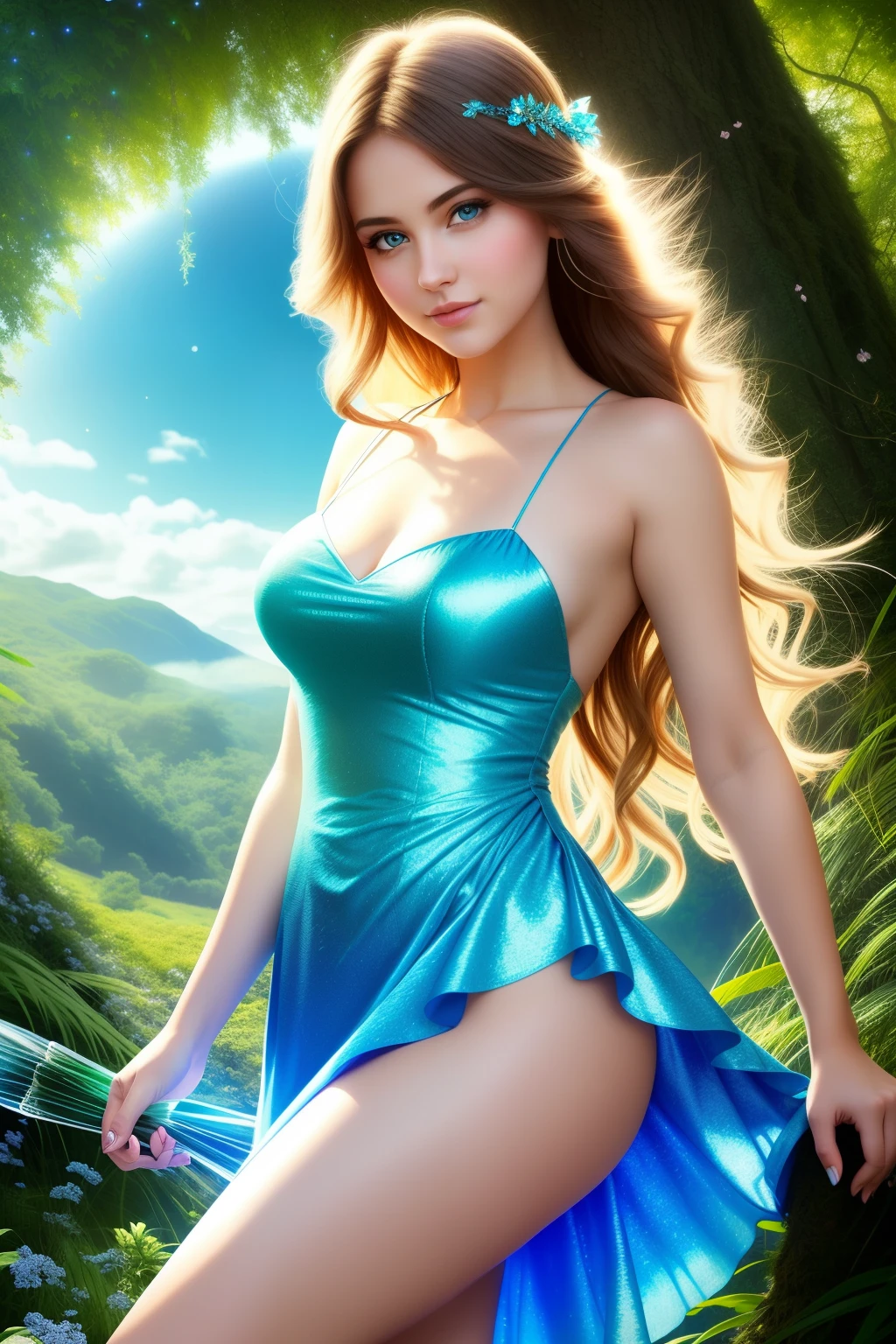 Hyper-realistic, high-resolution images, reminiscent of professional photography, portray a captivating and ethereal girl with mega-realistic facial attributes. The setting is a mesmerizing fairy forest bathed in a kaleidoscope of light from a rainbow, with the girl standing as its radiant centerpiece. She dons a seductive, revealing short dress that accentuates her stunning figure, her cascading sun-kissed locks flowing freely around her. Her eyes, as blue as the sky, gaze intensely into the camera, exuding an alluring charm. Her figure is seductive, showcasing her exquisite legs and sensual