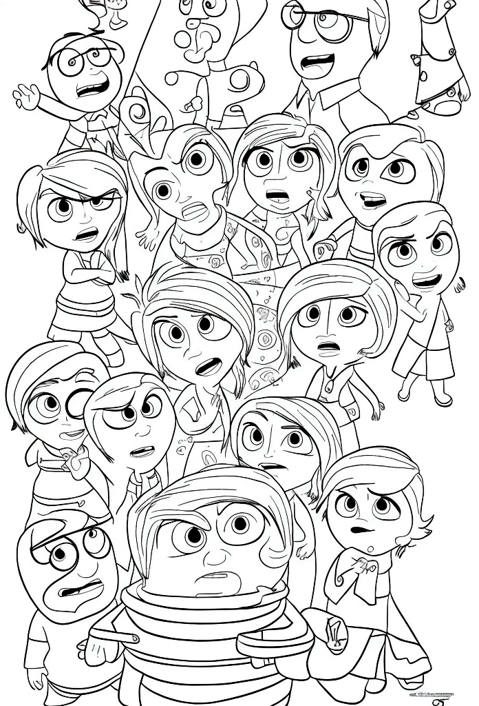 Create a coloring book with characters from the "Inside Out 2" movie. Use black lines on a white background without any shading. Be creative and provide options.Make the characters same with the movie

