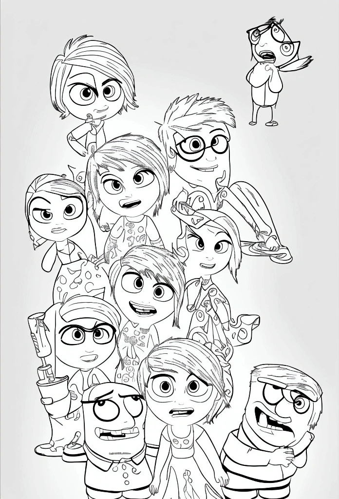 Create a coloring book with characters from the "Inside Out 2" movie. Use black lines on a white background without any shading. Be creative and provide options.Make the characters same with the movie