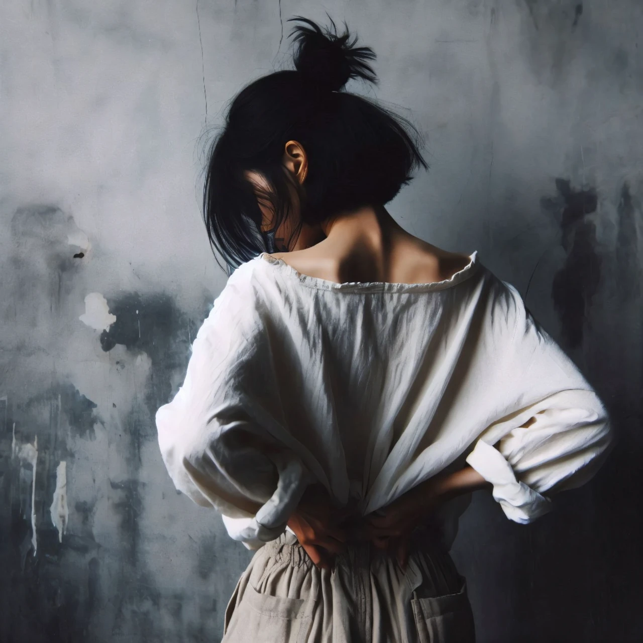 there is a woman standing in front of a wall, gray with back to the camera, a photo of Shang Xi, defog, aestheticism, woman with slightly short black hair, woman posing, wearing a worn white shirt, girl with messy bun hairstyle, with black hair, an Asian woman, showing the shoulder from behind, wearing worn white shirt Photo of a woman, grungy woman, the whole image with a slightly grayish tone, she wears old clothes, her hair goes to the back of her head and is tied up, she is slender shoulders visible bones of the spine, slicked black hair, ((face not visible because the back is turned))