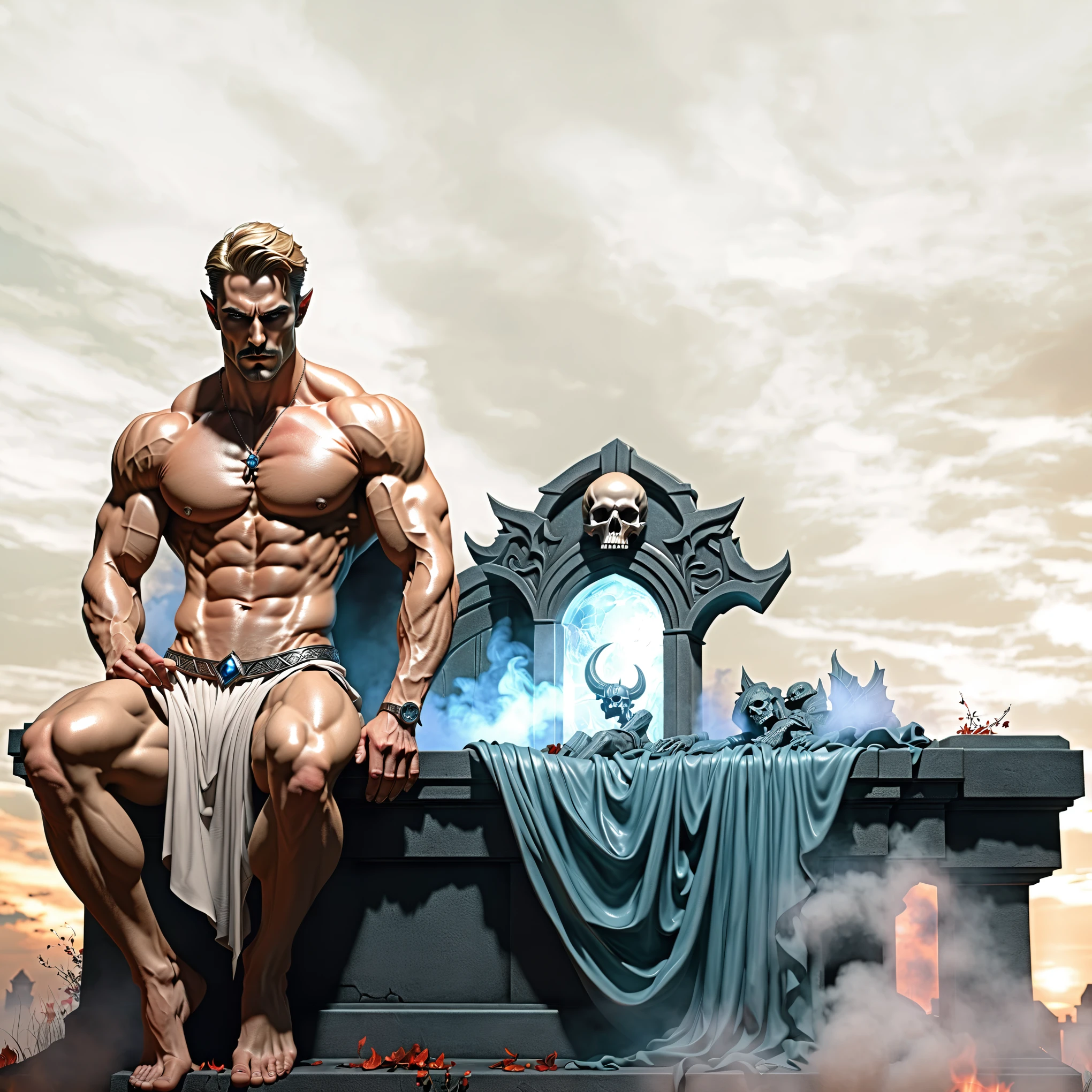 40 year handsome old elf, pale skin, blonde hair, abino skin, long straight hair, wearing elfin , sitting , mustache, piercing blue eyes, brown hair, pronounced brow ridge, strong jaw, high cheekbones, (complete body:1.5), sitting on a bed spreading his legs, very beefy muscles, bulging biceps, bulging triceps, bulging pectorals, bulging quads, bulging trapezoids, wide shoulders, bulging calves, bulging forearms, hairy, (giant:1.5), tall, solo person. Art deco masterpiece, alpha male, at night, skull, nightmare, fire, intricately detailed, sharp focus, extremely detailed, dark fantasy, glowing, colorful painting, rich color, HDR, octane render, digital illustration, cinematic light, sitting on the throne, Explore the beauty of a moonlit cemetery, with weathered tombstones, crypts, and the feeling that the spirits of the departed may not be at rest