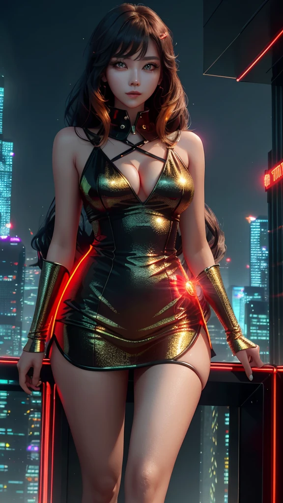 A female gorgeous hot sexy woman standing on the middle of extremely futuristic city tall buildings neon light wearing a red hot short dress extremely detailed highest quality