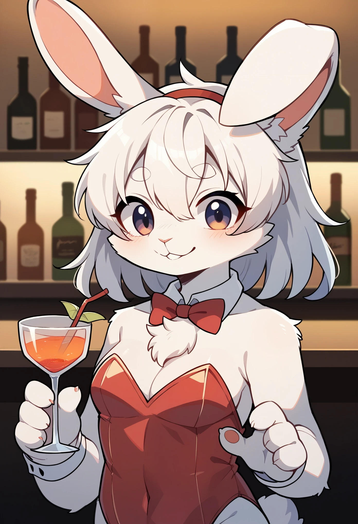 masterpiece, best quality, ultra detail, scenery, bar counter, depth of field((blurry background))volumetric lighting, absurdres, perfect anatomy(angelic cute 1girl, kemono, bunny girl, bunny suit, large breasts)(furry anthro, Furry body, rabbit facial features, rabbit body features)(rabbit ear, very detailed body fur)holding cocktail glass, smile, Embarrassing, erotic, looking at view, upper body,