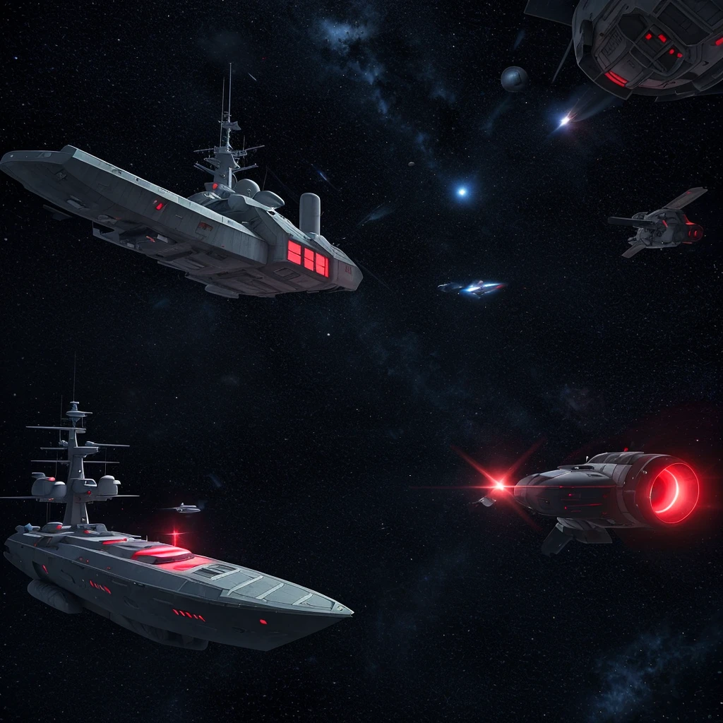 An abandoned space frigate floating in space. A red light is shown, another small ship is in the foreground observeing 