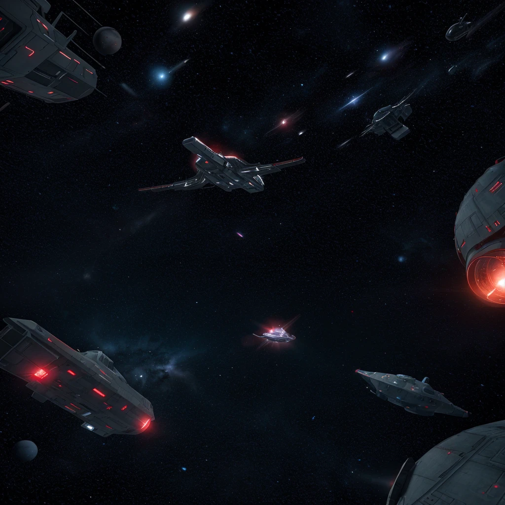 An abandoned space frigate floating in space. A red light is shown, another small ship is in the foreground observeing 