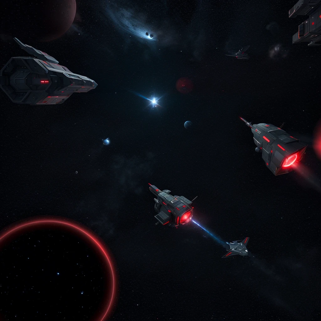 An abandoned space frigate floating in space. A red light is shown, another small ship is in the foreground observeing 