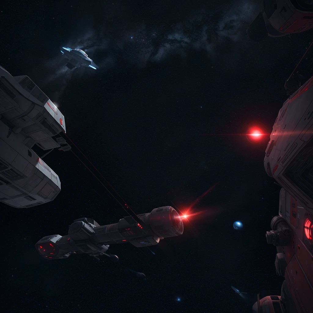 An abandoned space frigate floating in space. A red light is shown, another small ship is in the foreground observeing 