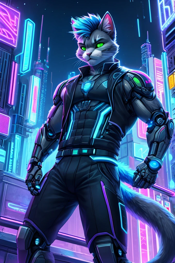 A gray cat with green cybernetic eyes and a neon blue mohawk. He is wearing a black vest with glowing circuitry and has a bionic tail..
picture details: futuristic city in the background, with skyscrapers illuminated by neon lights. The cat is on top of a roof, looking down with a heroic pose.