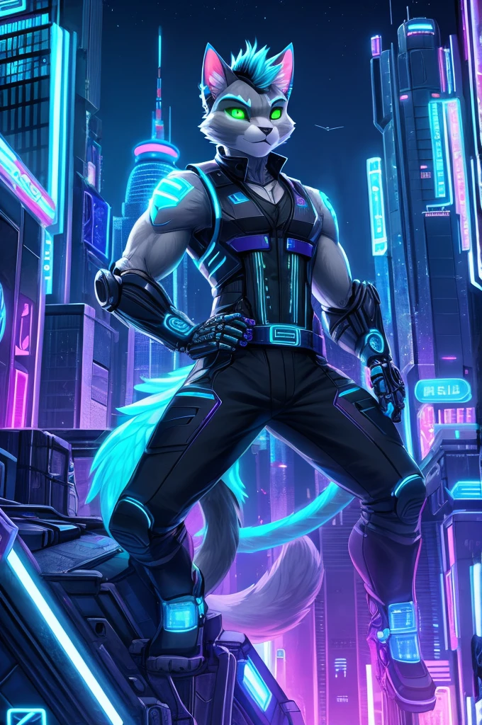 A gray cat with green cybernetic eyes and a neon blue mohawk. He is wearing a black vest with glowing circuitry and has a bionic tail..
picture details: futuristic city in the background, with skyscrapers illuminated by neon lights. The cat is on top of a roof, looking down with a heroic pose.