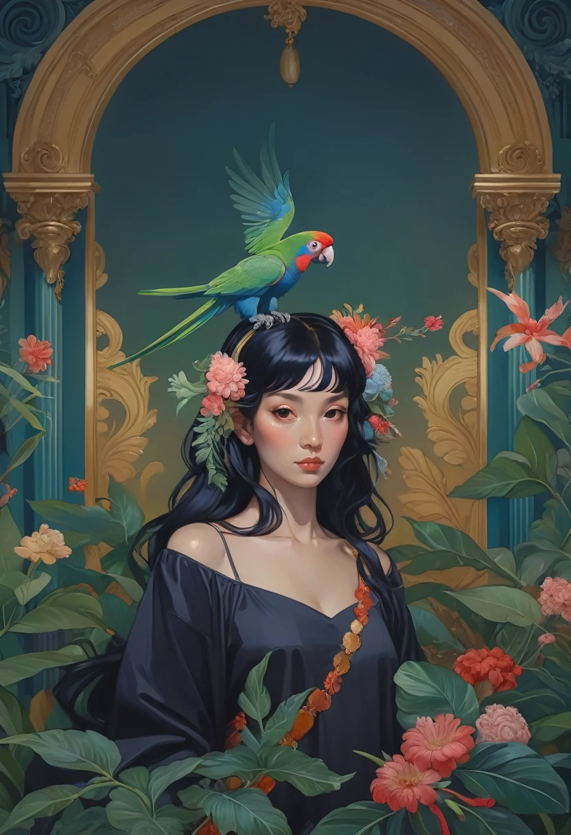 A painting of a black-haired brunette woman with flowers and leaves on her head and a parrot on her shoulder by James Jean