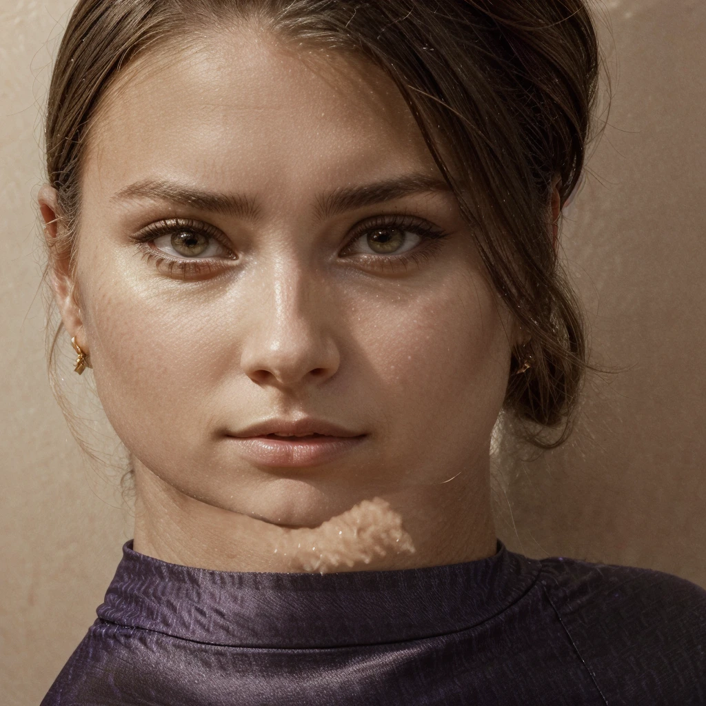 Create a highly realistic image of a 19-year-old virtual influencer named Lila Harper. She is young, with a symmetrical face, harmonious features, large expressive eyes, flawless and glowing skin, and long wavy light brown hair with golden highlights. Lila has a well-proportioned, attractive body. She is posing artistically in a creative studio setting with interesting lighting and props. Lila is wearing a stylish, modern outfit that combines elegance and edge, such as a chic, fitted blouse paired with high-waisted trousers and statement accessories. The studio features soft, ambient lighting that casts intriguing shadows, with props like abstract sculptures, vintage furniture, and artistic backdrops to enhance the visual appeal. Lila is posing confidently, with a thoughtful expression, showcasing both her beauty and the artistic atmosphere of the setting.
