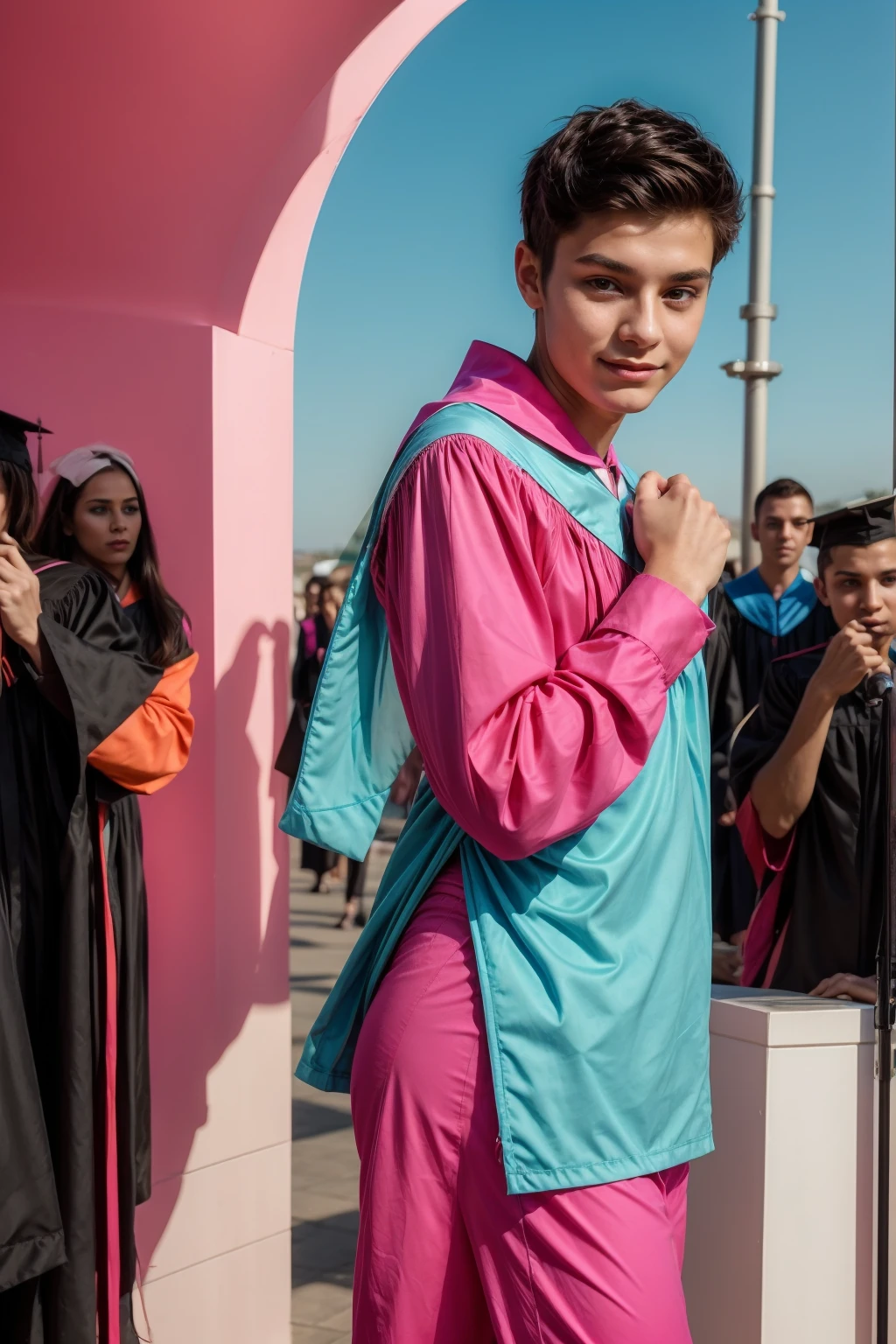 A beautiful young male twink with black hair and a face with make-up wearing a bright pink long-sleeved shirt and tight aqua blue pants. He is in his graduation speech and looks proud.