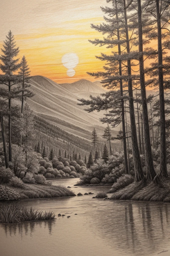 Pencil drawing of a landscape of the forest and the sunset
